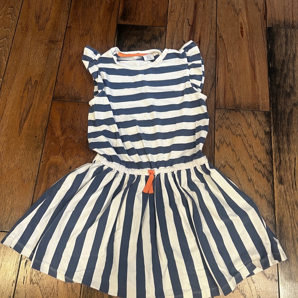 Polarn O. Pyret girls blue and white striped dress size 4-6